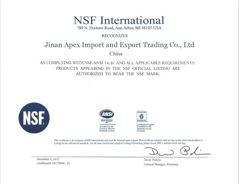 NSF International certificate from Jinan Apex Import and Export Trading Co., Ltd