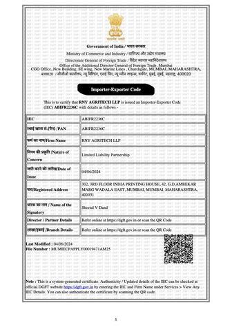 IEC Code certificate from RNY Agritech LLP