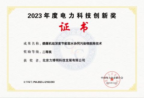 2023 Electric Power Technology Innovation Award certificate from Beijing LBM Science & Technology Development Co., Ltd.