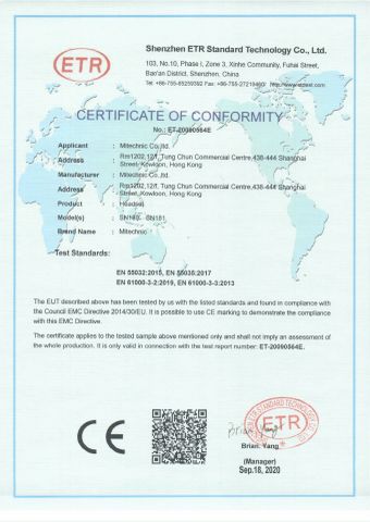 CE certificate for USB headset certificate from Mitechnic Co., Ltd