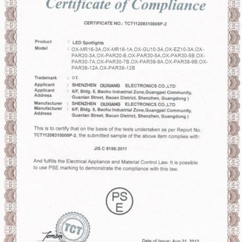 PSE certification for LED Spotlights certificate from Shenzhen Ouxiang Electronics Co., Ltd.