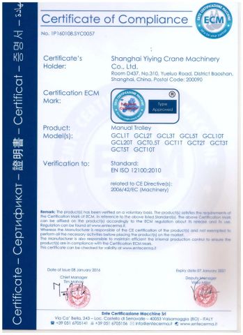 hand trolley CE certificate from Shanghai Yiying Crane Machinery Co., Ltd.