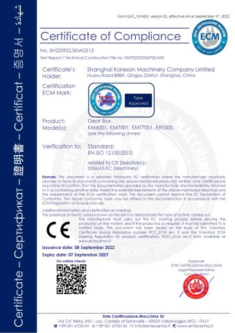 CE Certificate of Gear Box certificate from Shanghai Koreson Machinery Company Limited