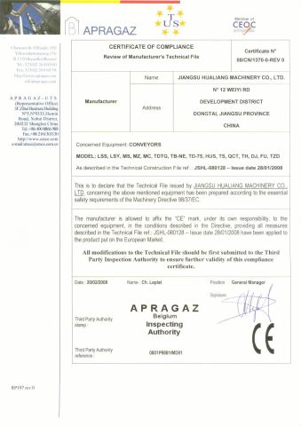 CE certificate from JIANGSU HUALIANG MACHINERY CO., LTD.