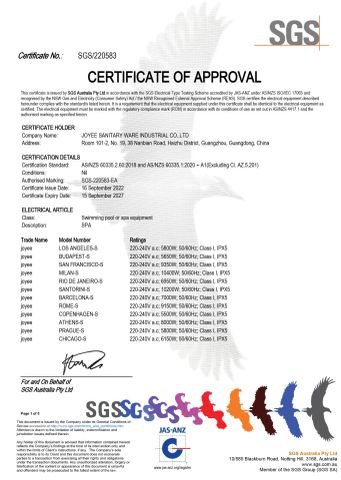 SAA Certificate (Outdoor Spa) certificate from GUANGZHOU JOYEE WELLNESS TECHNOLOGY CO., LTD.