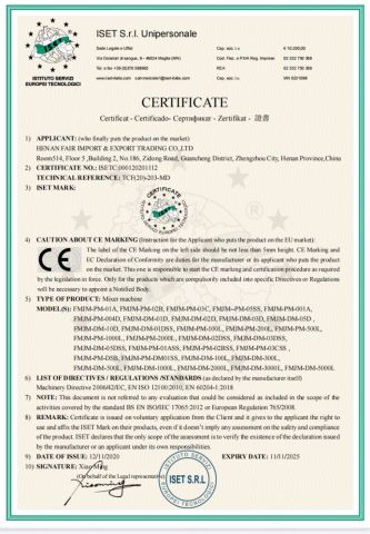 CE Certificate certificate from HENAN FAIR IMPORT and EXPORT TRADING CO., LTD.