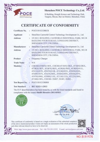 RoHS Cert POCE18102328BCR CDE360 certificate from Shenzhen Canworld Electrical Technology Co., Ltd