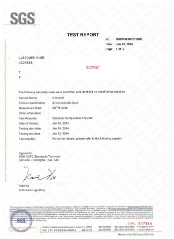 SS316 Z ANCHOR SGS TEST REPORT certificate of Xinghua Jinf Stainless Steel Co., Ltd. – certificate photo, supplier certificates section