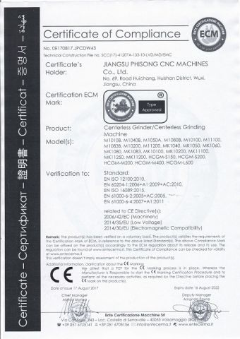 CE certificate from Jiangsu Phisong CNC Machines Co., Ltd.