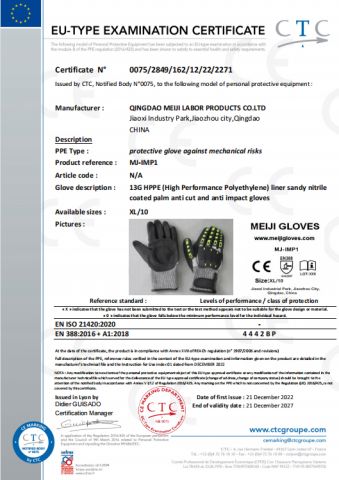 impact gloves CE certificate from Qingdao Meiji Labor Products Co., Ltd.