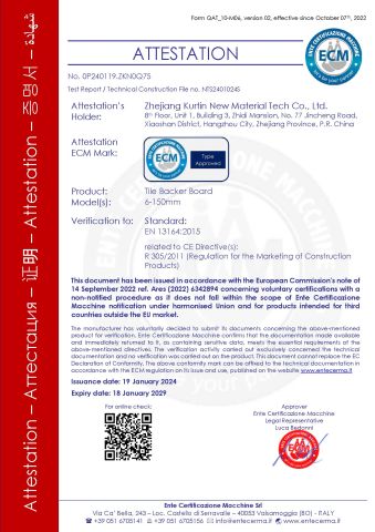 CE certificate from ZHEJIANG KURTIN NEW MATERIAL TECH. CO., LTD.