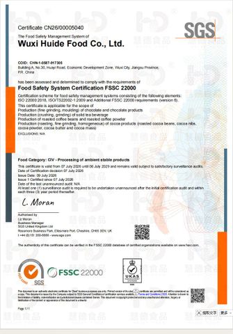 FSSC22000 certificate from Wuxi Huide Food Co.,Ltd