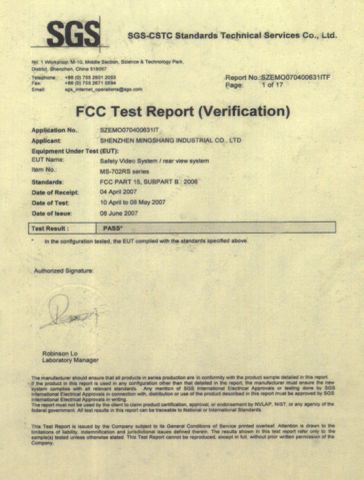 FCC Certification certificate from Mingshang Technology Co., Ltd.