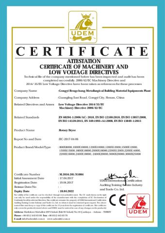 CE certificate of rotary dryer certificate from Gongyi Hengchang Metallurgical Building Material Equipments Plant