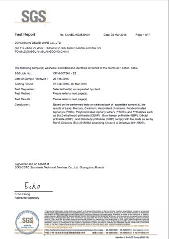SGS certificate from Dongguan Dewei Wire Co., Ltd.