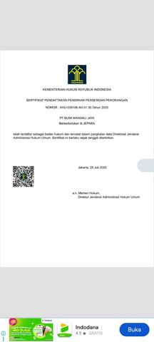 Pendaftaran Pendirian Perseroan Perorangan certificate from PT Bumi Mangku Jaya