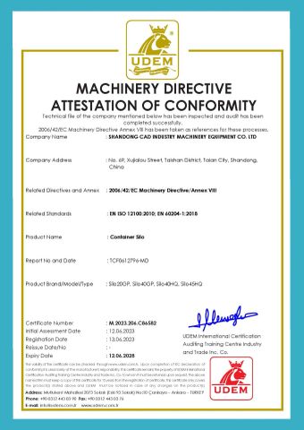 CE Container Silo certificate from Shandong Cad Industry Machinery Equipment Co., Ltd.