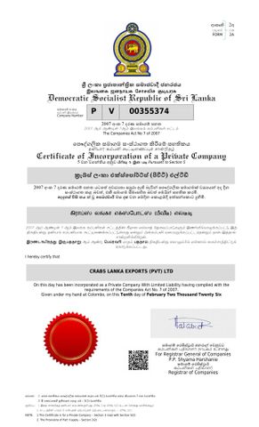 Company Registration certificate from Crabs Lanka Exports Pvt Ltd