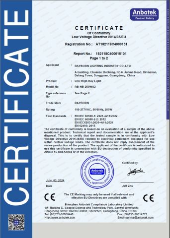 CE certificate from Rayborn Lighting Industry Co., Ltd.