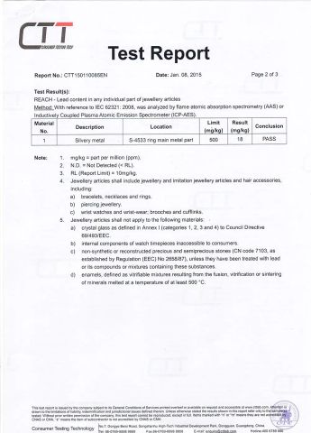Lead and cadmium report certificate from YLY JEWELLERY CO., LTD.