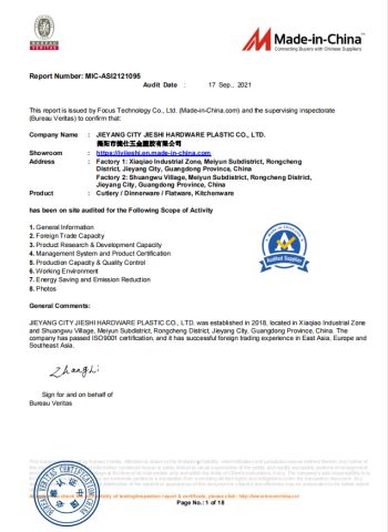 bureau veritas certification certificate from JIEYANG CITY JIESHI HARDWARE PLASTIC CO., LTD.