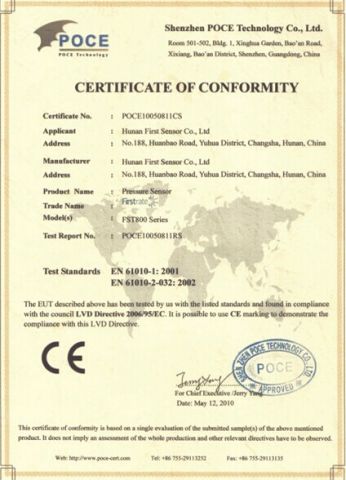 CE certificate of LVD Directive certificate from Hunan Firstrate Sensor Co., Ltd.