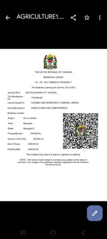 AGRICULTURE AND FARM PRODUCED  certificate from KAICO.LTD( KADINDA AGRI INVESTMENT COMPANY LIMITED)