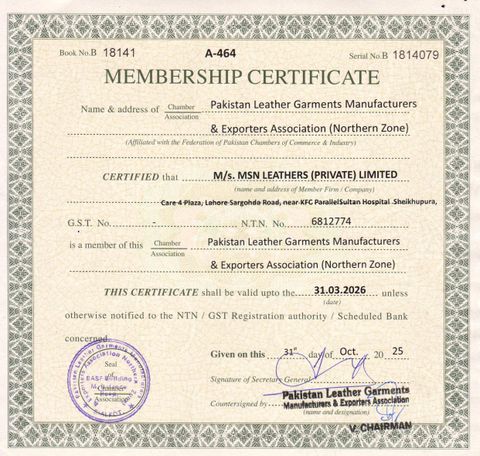 PLEGMIA certificate from Msn Leathers Private Limited