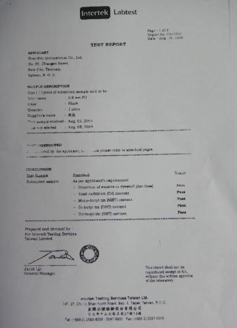 PU LEATHER TEST REPORT certificate from Shenzhen Shi Ying Technology Co., Ltd.