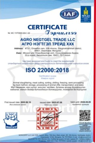 ISO 22000:2018 certificate from MHMD LLC