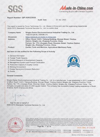 SGS certificate from Ningbo Eastar Electromechanical Industrial Trading Co., Ltd.
