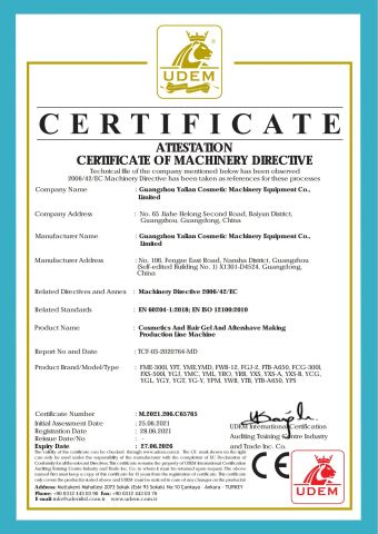 CE certificate certificate from GUANGZHOU YALIAN COSMETIC MACHINERY EQUIPMENT CO., LIMITED