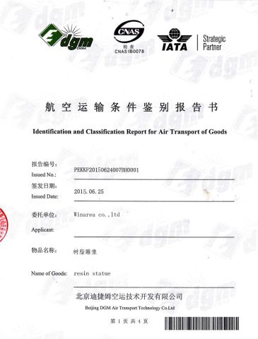 Identification and Classification Report for Air Transport of Goods certificate from Winarea Co., Ltd.