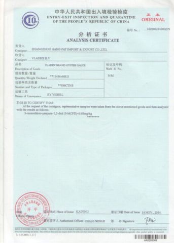 Analysis Certificate certificate from Zhangzhou Hang Fat Import & Export Co., Ltd.