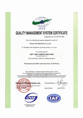 ISO9001:2008 certificate from Henan VIC Machinery Co., Ltd.