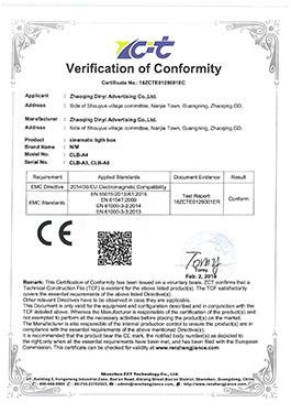CE certificate of cinematic light box certificate from Zhaoqing dingyi advertising production co. LTD