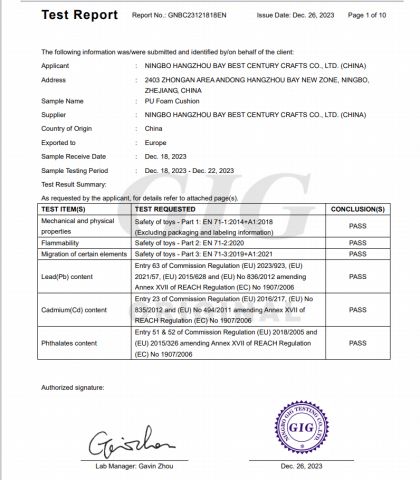 EN71 n REACH Report - Product Inspection Report certificate from Ningbo Hangzhou Bay Best Century Crafts Co., Ltd.