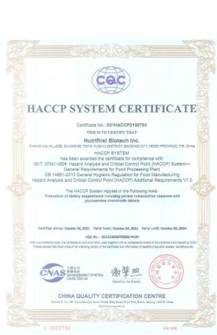 HACCP certificate from Nutrifirst Biotech Inc.