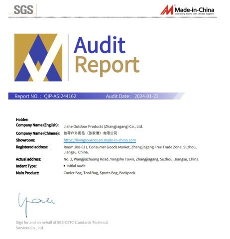 SGS FACTORY AUDIT certificate from Jiahe Outdoor Products (Zhangjiagang) Co., Ltd.