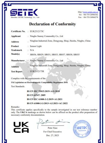 UKCA certificate from Ningbo Sunray Commodity Co., Ltd