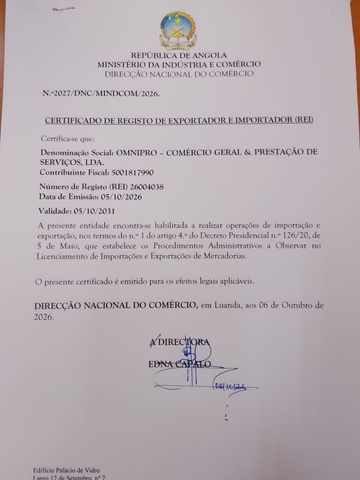 REI ( CERTIFICADO DE REGISTO DE EXPORTADOR E IMPORTADOR ) certificate of OMNIPRO  – certificate photo, supplier certificates section