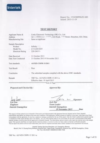 Intertek certificated 02 certificate from Hongkong Lindy Industries Company Limited