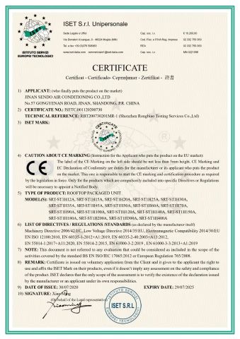 CE Certificate of Rooftop Packaged Unit certificate of Jinan Sendo Air Conditioning Co., Ltd. – certificate photo, supplier certificates section