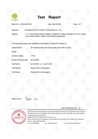COBO23040338 ISO 9227 24H certificate from Guangdong SVA Precision Technology Co., Ltd.