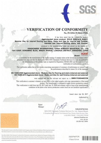 Solid Surface Sheet CE certificate certificate from Shenzhen MSUN Sanitary Ware Co., Ltd.