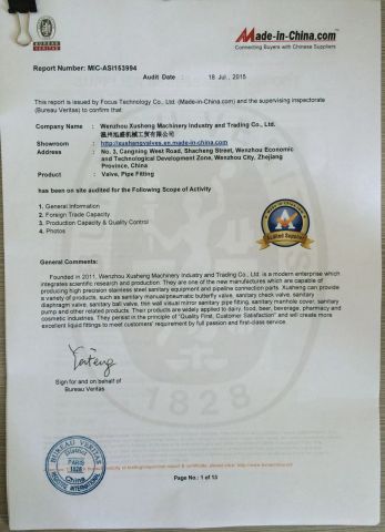 Audited Supplier certificate from Wenzhou Xusheng Machinery Industry and Trading Co., Ltd.