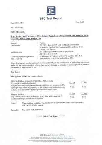 fabric anti-fire 2 certificate from Yongle Seating (Taicang) Co., Ltd.
