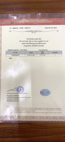 material certification certificate from Eastone Mould Industry LTD