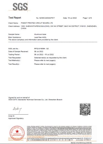 Aluminum  Lead-free RoHS test report certificate from Finest Printed Circuit Board Ltd.