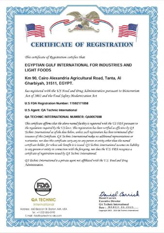 FDA Registration Certificate certificate from Egy-gulf